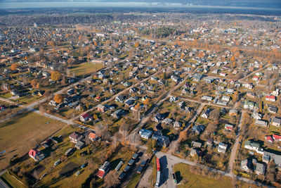 High angle view of street amidst buildings in city