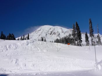 Scenic view of snowcapped mountains against clear blue sky