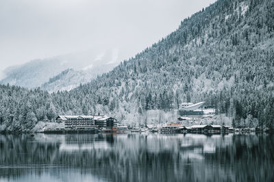 Scenic view of lake against sky during winter