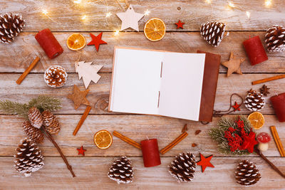 High angle view of christmas decorations on table