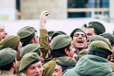 High angle view of group of people against blurred background