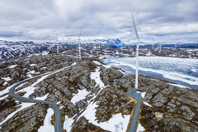 Norway, nordland, drone view of wind farm in store haugfjell range