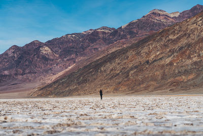 Rear view of woman walking by mountains against sky