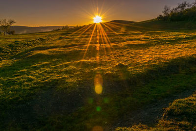 Scenic view of field against sky during sunset