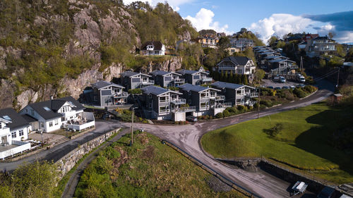 High angle view of street amidst buildings in city