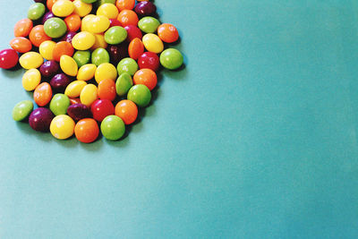 High angle view of multi colored balls on table