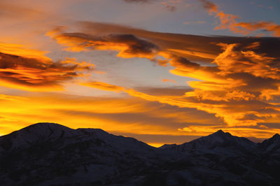 Mountains in the clouds at sunset in summer. aerial view of the mountain peaks in the fog. beautiful