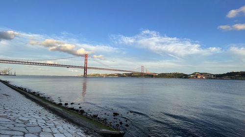 View of suspension bridge against cloudy sky