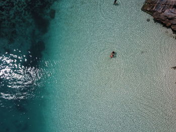 High angle view of people swimming in sea