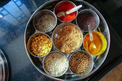 High angle view of breakfast on table