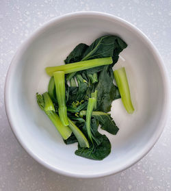 High angle view of leaves in bowl on table