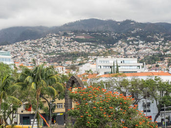 View of buildings in town against sky