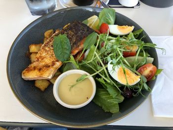 High angle view of food in plate on table