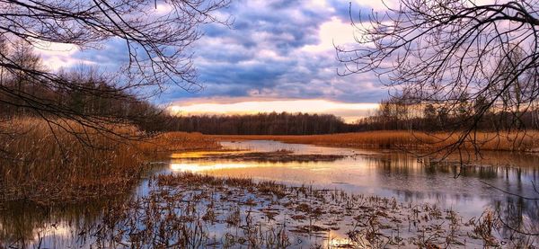 Scenic view of lake against sky during sunset
