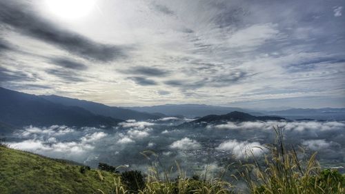 High angle view of clouds over mountain