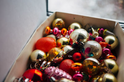 High angle view of multi colored candies on table