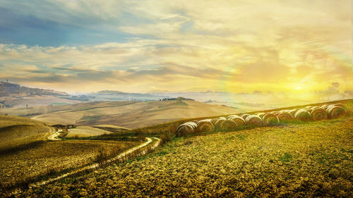 Hay bales on field against sky