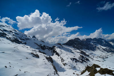 Scenic view of snow covered mountains against sky