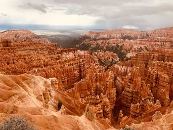 Aerial view of rock formations against cloudy sky