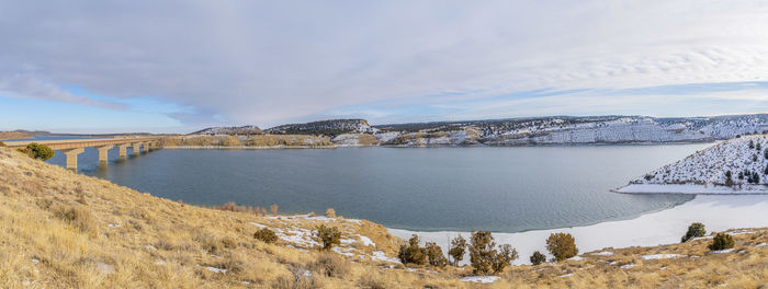 Scenic view of lake against sky during winter