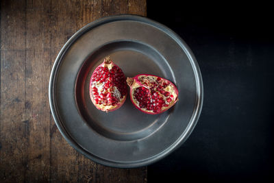 High angle view of fruits in plate on table