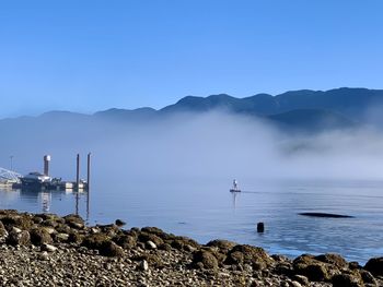 Scenic view of sea against clear blue sky