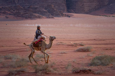 Full length of man riding horse on land