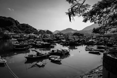 Boats moored at harbor against clear sky