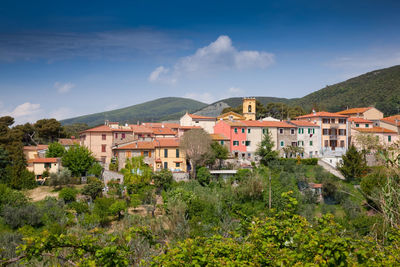 Houses on landscape against sky