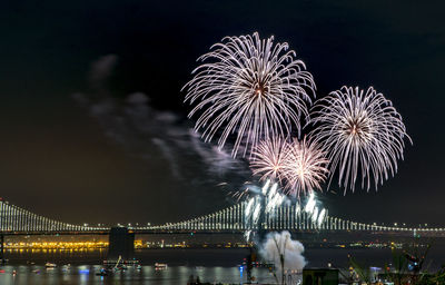 Low angle view of firework display over river at night