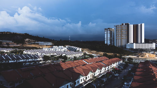 High angle view of buildings in city