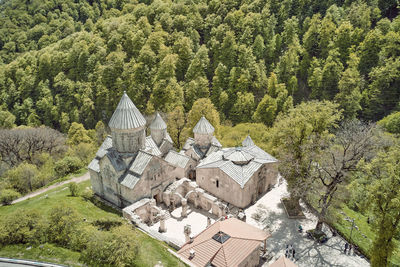 High angle view of buildings in forest