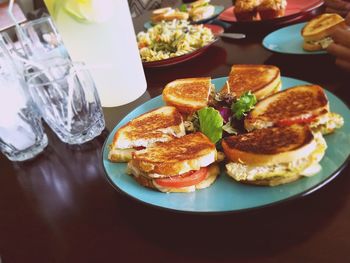 High angle view of food served on table