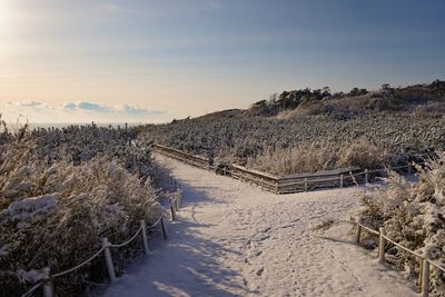 Panoramic view of snow covered field against sky