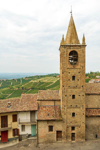 Bell tower of serralunga d'alba medieval church, piemonte, langhe wine district, italy