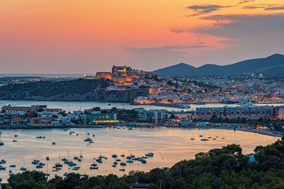 High angle view of townscape against sky during sunset