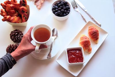 High angle view of breakfast on table