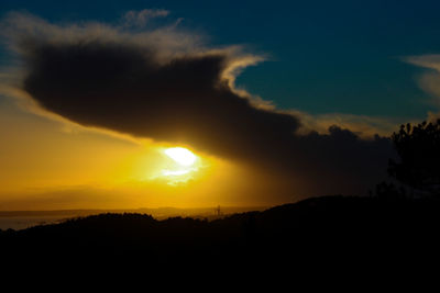 Scenic view of silhouette landscape against dramatic sky during sunset