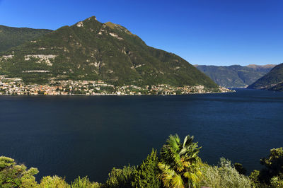 Scenic view of sea and mountains against clear sky