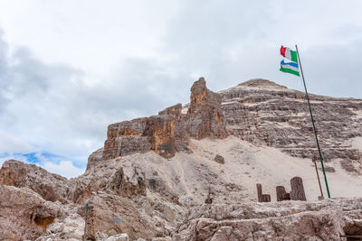 Low angle view of flag on rock against sky