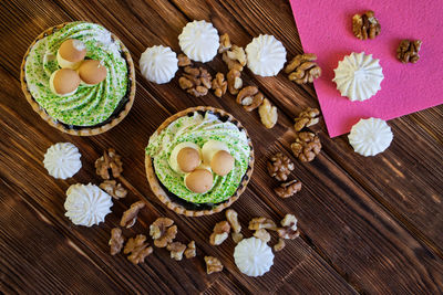 High angle view of cake served on table