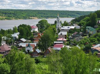 High angle view of houses in town