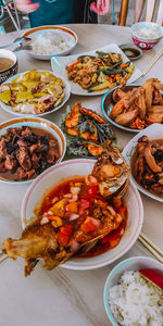 High angle view of food served on table