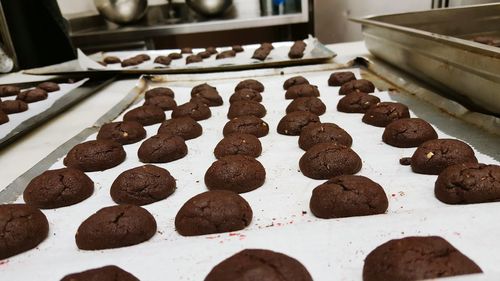 Close-up of chocolate cookies in tray