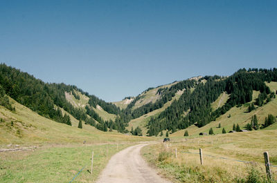 Road amidst trees against clear sky