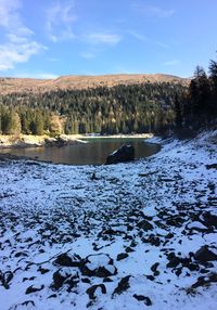 Scenic view of snow covered landscape against sky