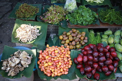 High angle view of fruits for sale at market stall