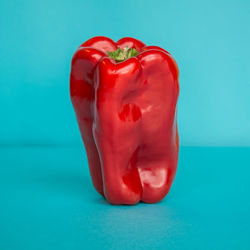 Close-up of red bell pepper against blue background