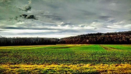 View of field against cloudy sky