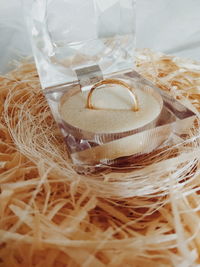 High angle view of drink in glass on table